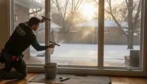 Professional window film installer removing old window film from a residential window using a steamer and scraper