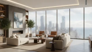 Modern living room with decorative frosted window film filtering natural light