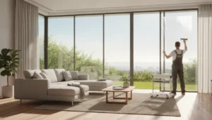 Professional installer applying clear window film to a sunlit residential window