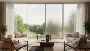 Modern living room with electric switchable film windows in clear and privacy modes