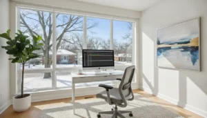 Bright home office with natural light through windows, computer screen visible without glare, professional window film installed