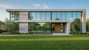 Modern suburban home with large windows and professional window film installation, sunlight reflecting on energy-efficient glass