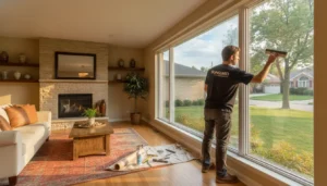Professional installer applying window film to a living room window in a Chicagoland home with natural light streaming through