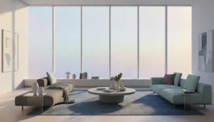 Modern living room with west-facing windows featuring professional window film installation, soft natural light interior