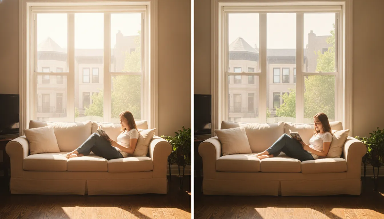 Side-by-side comparison of a Chicago living room window before and after window film installation showing reduced glare and improved comfort