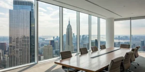 Conference room with large windows, a key factor in office window tinting cost.