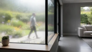 View through a privacy window film installation showing a clear outdoor view with trees while a person walking past appears only as a faint silhouette