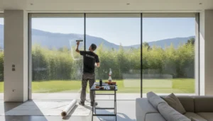 Professional window film installer applying precision-cut film to a large residential window