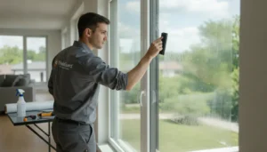 Professional installer applying clear safety window film to a residential window in a Chicagoland home