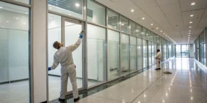 Professionals installing safety film for glass on office windows.