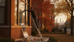 Professional window film installer working on a residential window with precision tools
