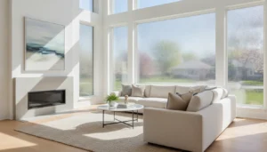 Bright Chicagoland living room with large windows featuring modern window film, showcasing natural light and clear view of the outdoors