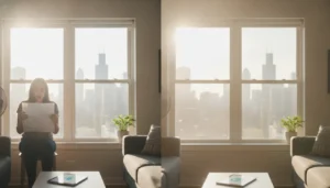 Split-view of a Chicago home living room window showing the contrast between high energy costs and window film comfort