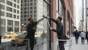 Professional installer applying clear anti-graffiti window film to a Chicago storefront window