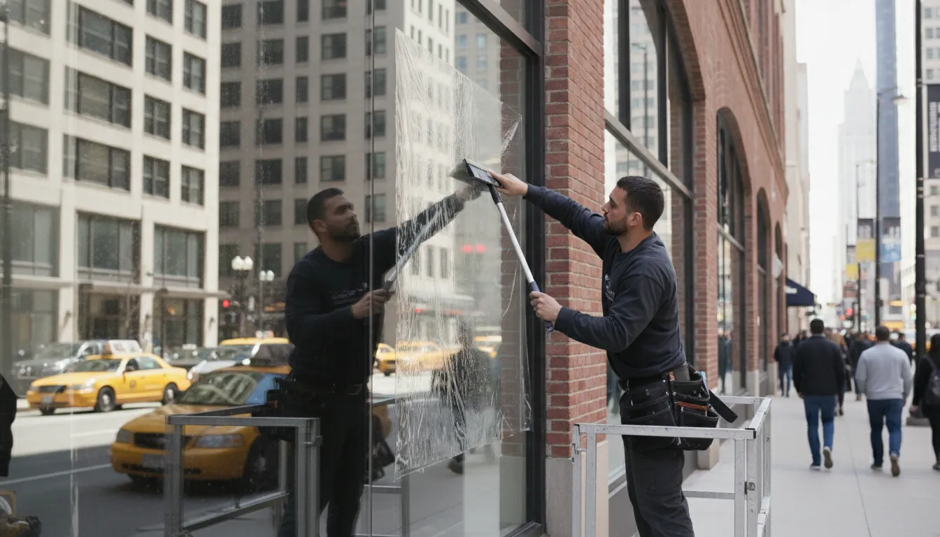 Professional installer applying clear anti-graffiti window film to a Chicago storefront window