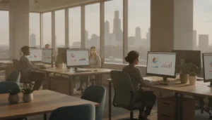 Bright modern Chicago office with large windows and soft even daylight from window film
