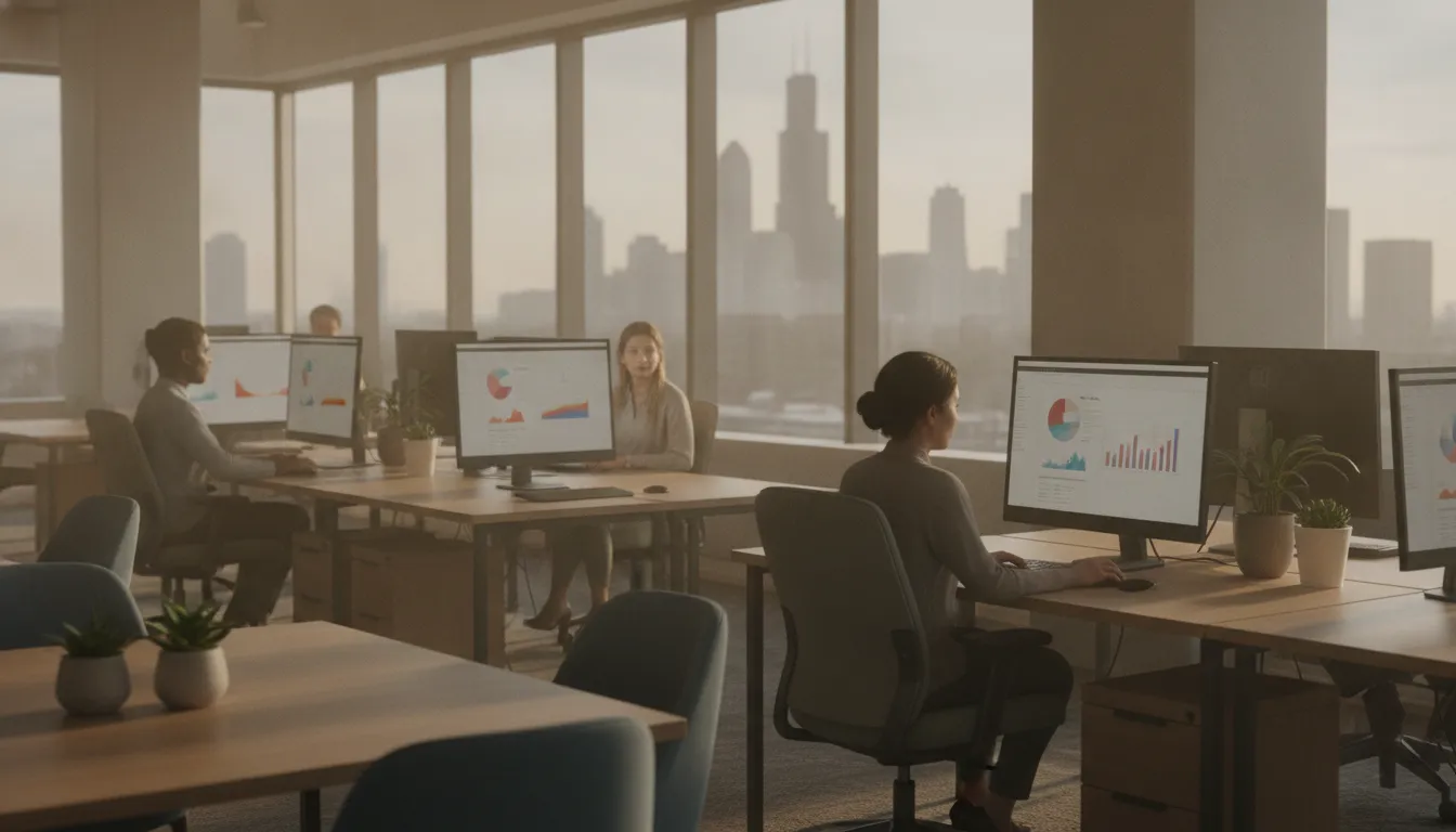 Bright modern Chicago office with large windows and soft even daylight from window film
