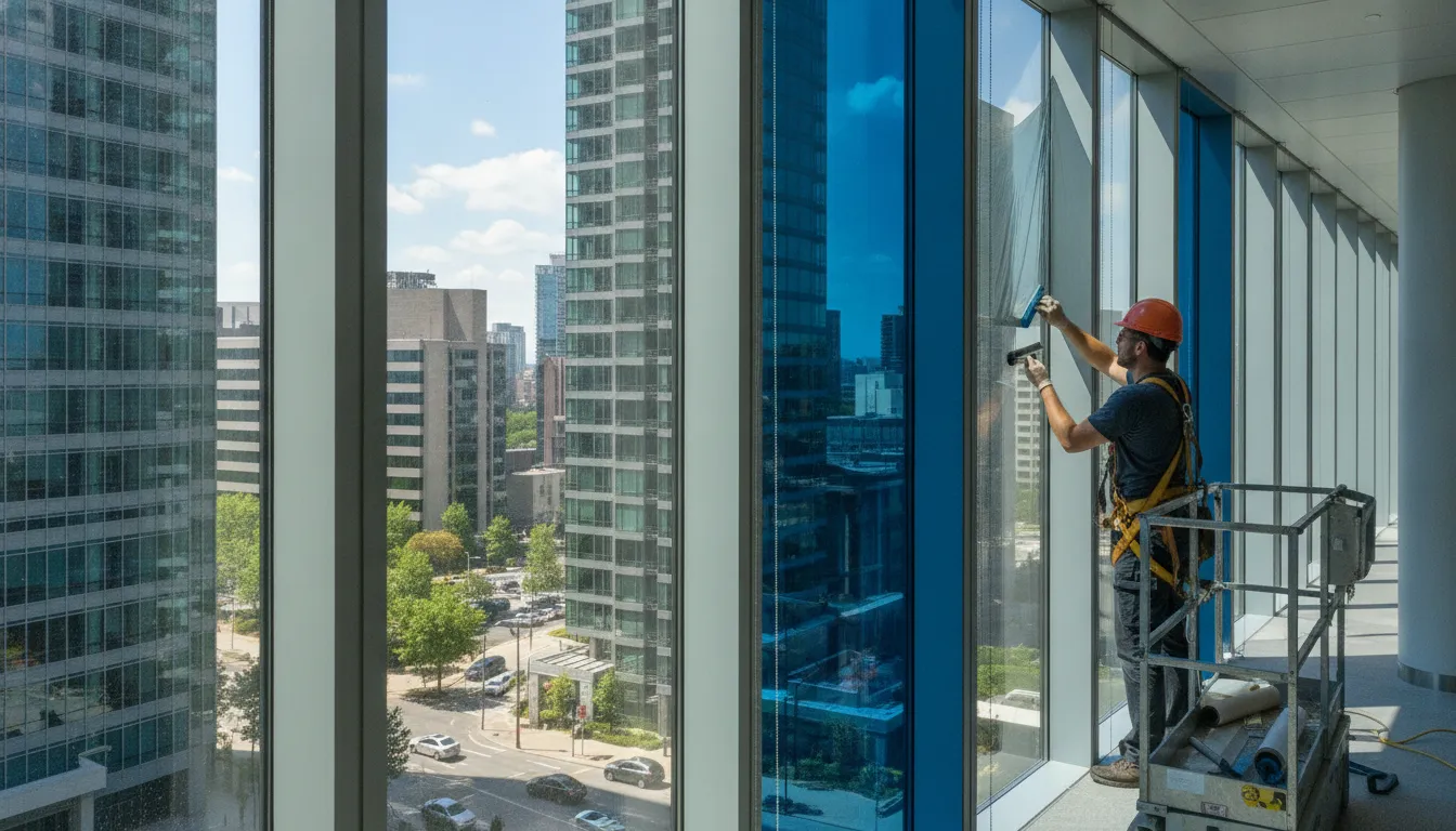 Professional installer applying solar control window film to floor-to-ceiling commercial office glass
