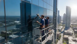 Professional installers applying solar-control window film to a Chicago commercial office building facade
