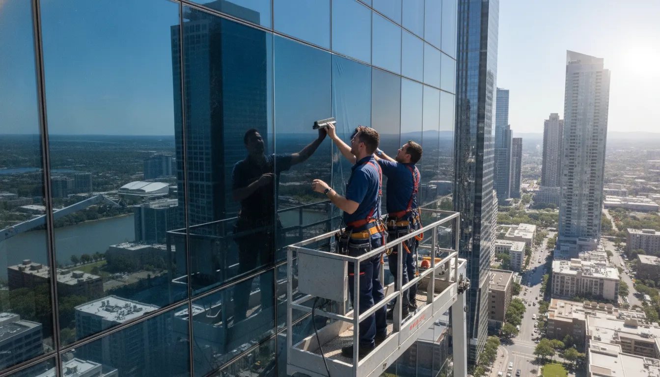 Professional installers applying solar-control window film to a Chicago commercial office building facade