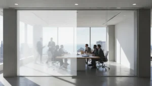 Modern Chicago office conference room with smart switchable glass partition providing instant privacy