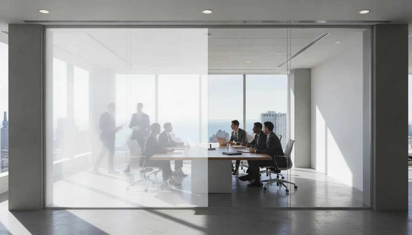 Modern Chicago office conference room with smart switchable glass partition providing instant privacy