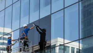 Professional window film installers applying solar-control film to the glass facade of a modern multi-floor Chicago commercial building