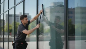 Professional installer applying security window film to a commercial building storefront window
