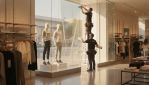 Professional window film installer applying solar film to a bright Chicago retail storefront window