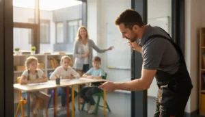 Professional installer applying clear safety window film to a classroom window in a bright school building