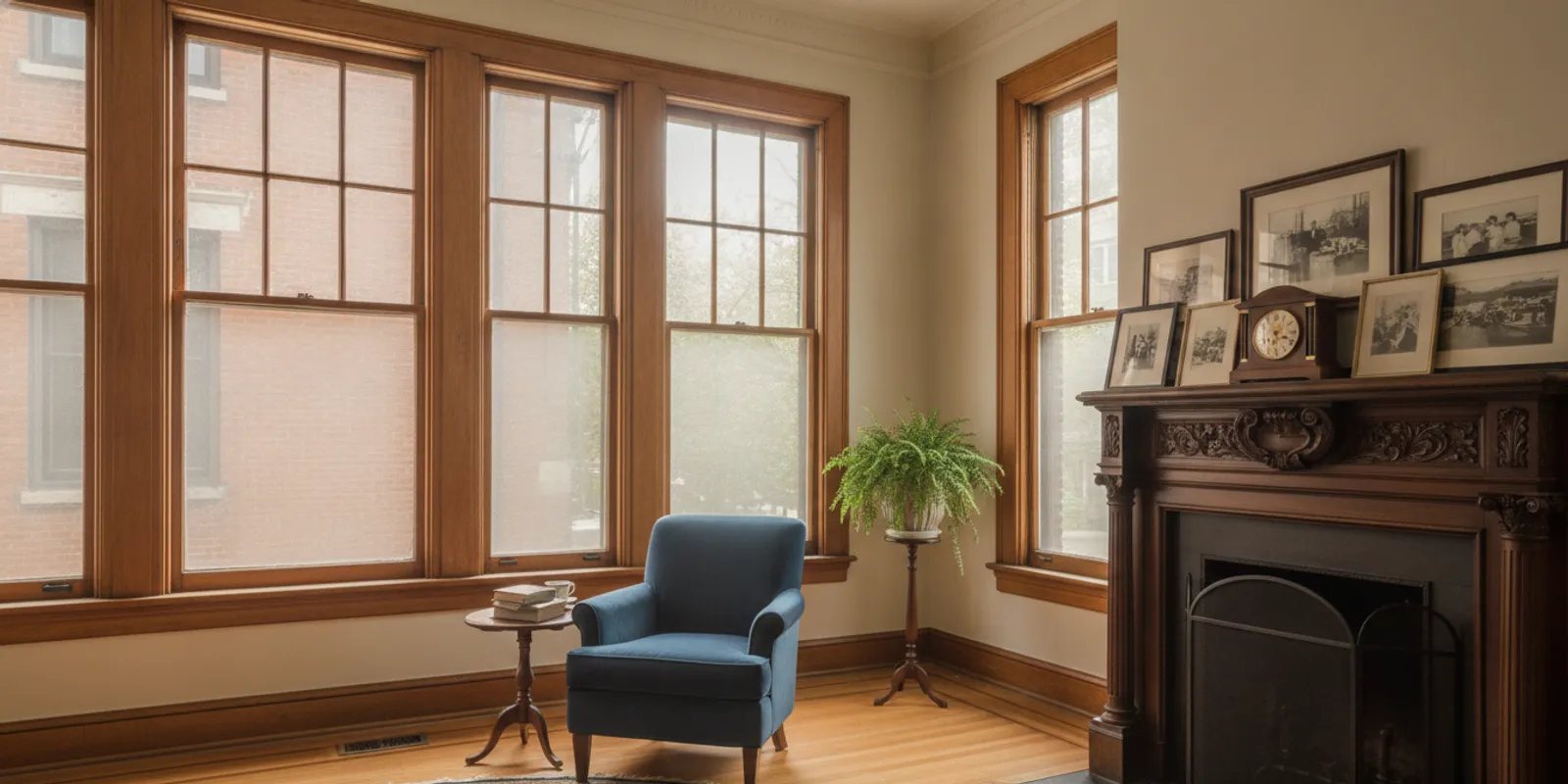 Historic Chicago home with tall original windows and warm daylight in a preserved living room